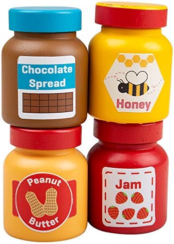 Bigjigs Toys Wooden Jars & Spreads (Chocolate, Honey, Peanut Butter & Jam)