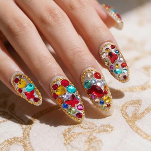 24Pcs Handmade Press on Nails, Bling Rhinestones Medium Length Al...