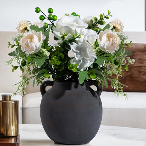 Black Vase Home Decor - 6in Ceramic Vase for Flowers - Small Round Vases for Decor - Farmhouse Vases for Pampas Grass, Decorative Vase for Bouquet, Lyeec Clay Pottery Rustic Terracotta Vase