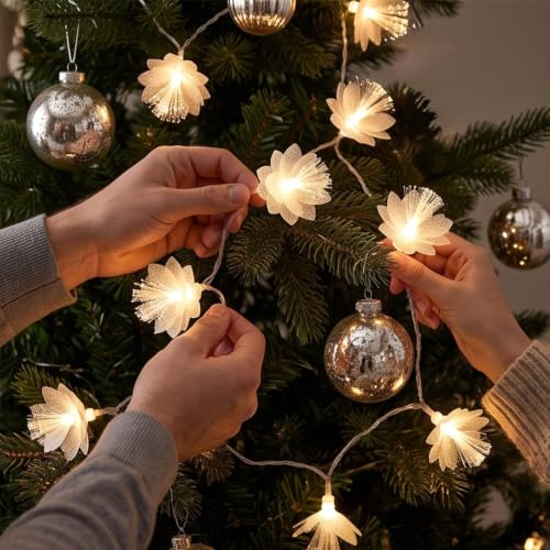 2PCS 16.4ft Solar Flower Lights, Artificial Flower Fiber Optic Lights | Warm White LED Fairy Lights for Christmas Tree Home Party Decorations, Waterproof Hanging Lights, Decorative Lights - image 4
