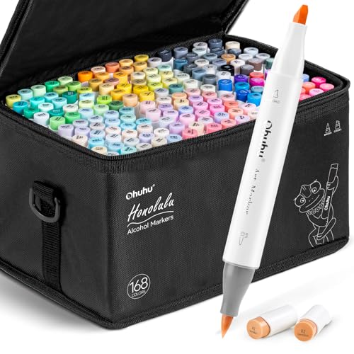 Image of Ohuhu Alcohol Markers Brush Tip - 168-color Art Marker Set Double Tipped Alcohol-based Markers for Artist Adults Coloring Illustration- Brush & Chisel - Honolulu - Refillable Ink
