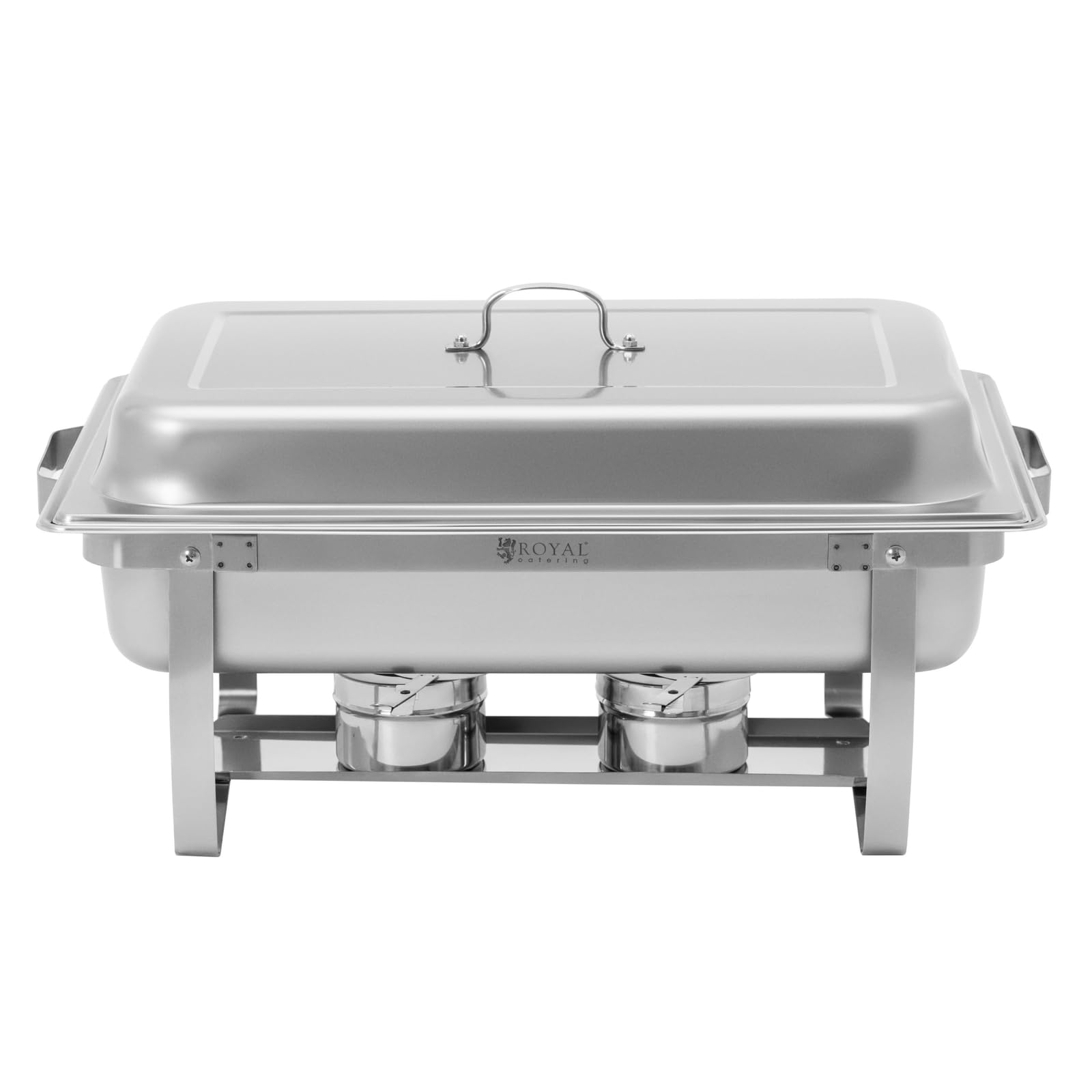 Royal Catering Chafing Dishes 2er-Set jeweils 7,5 l klappbare Gestelle 2 x GN 1/1 4 Brennstoffbehälter polierter Edelstahl Rechaud Wärmebehälter Buffet Speisewärmer