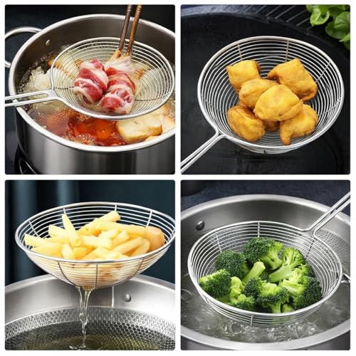Image of SMAX Frying Jhara Stainless Steel 16cm | Oil Skimmer & Deep Fry Strainer for Puri, Pakora, Fries | Heavy Duty Long Handle Kitchen Utensil