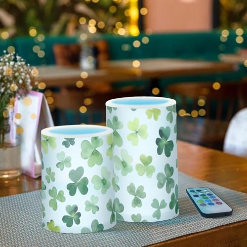 Image of St. Patrick's Day Lights Flameless Candles Patrick's Day Green Shamrock Leaves Pillar Candles Set of 2 Battery Operated Remote Control Warm Lights Home Decor