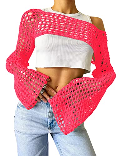 Image of PICPUNMAK Women Grunge Crochet Knit See Through Crop Tops Cover Up Shrug Long Sleeve Crew Neck Casual Cropped Smock Top Neon Pink