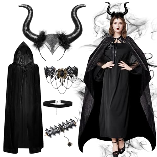 Fantspati Evil Queen Costume for Women, Witch Long Horns Hooded Cloak Gothic Necklace Bracelet Black...