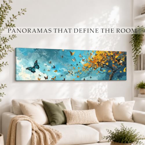 Image of Large Stretched Canvas Painting, Panel Wall Painting Blue and Yellow Butterfly Tree Luxury Paintings for Home Decoration, Living room, Bedroom and Office Decor (Blue, 12x46 Inch)
