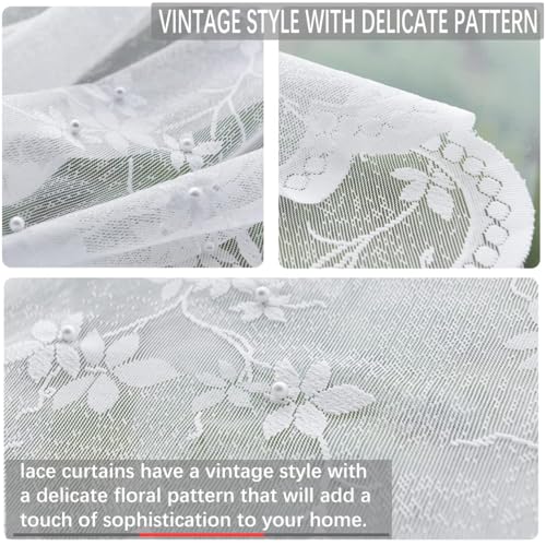 Image of piercing Curtains for Kitchen, Lace Curtains, Kitchen Window Curtains, Sheer Curtains, Kitchen Curtains 29 inchx39 inch Lace Tier 1-Panel Rod Pocket Floral Scalloped Cafe Light Filter White