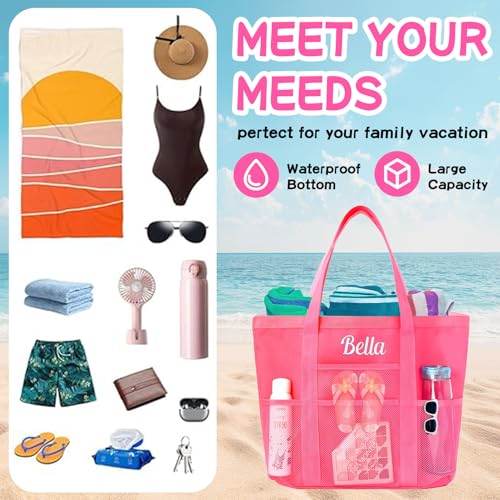 Personalized Pink Beach Bag with Embroidered Name,Foldable Travel Tote，Custom Tote Bag Travel Essential4