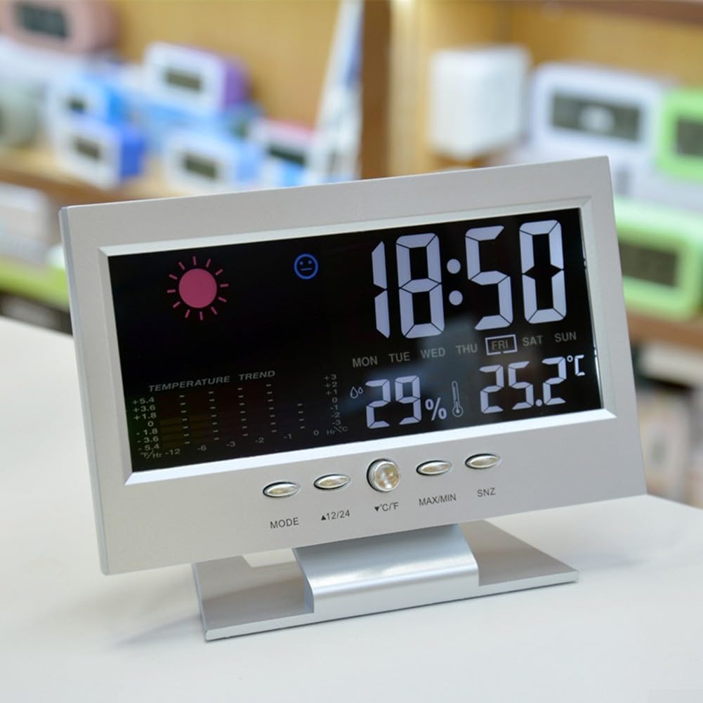 Digital Weather Station with Thermometer Hygrometer and Colour LCD Display, Temperature and Humidity Monitor, Clock with Alarm Snooze, Voice-Controlled Backlight(silver)