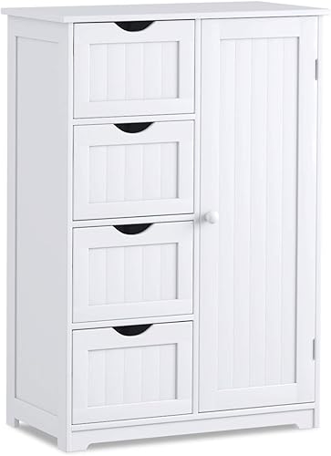 Giantex Armario de piso de baño de madera con 1 puerta y 4 cajones armario de madera independiente para entrada armario espacial color blanco