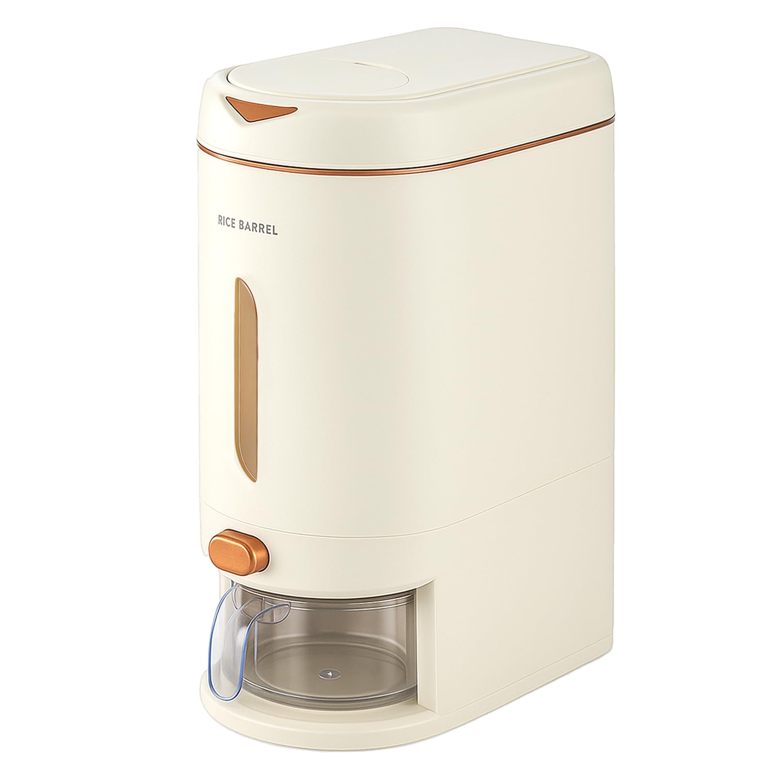 Rice Dispenser with Measuring Cup, 10kg Large Capacity Grain Storage Container, Airtight Cereal Dispenser with Button Control, Clear Window, Perfect for Kitchen, Beans, Oats and More (Off-white)