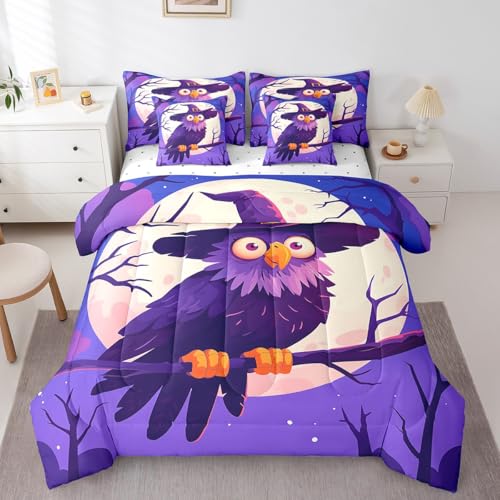 Erosebridal 7 Pcs Comforter Set King Size,Cute Owl Bed in a Bag with Flat Sheet and Fitted Sheet for Kids Boys Girls,Halloween Bedding Set with Pillowcase & Sham Reversible Quilt Set Room Decor
