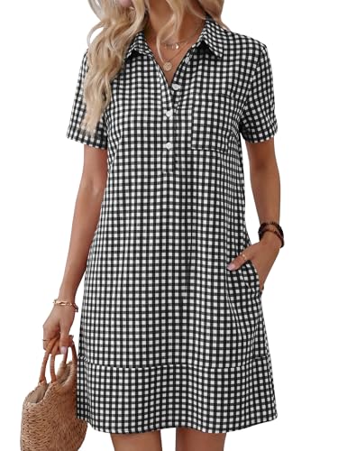 ANRABESS Womens Summer Shirt Dresses, Black White Plaid, L