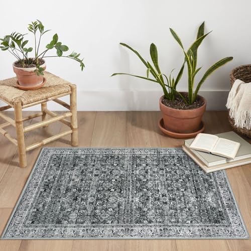 2x3 Washable Small Area Rug for Entryway, Moss Charcoal Soft Non-Slip Indoor Door Mat Distressed Floral Low-Pile Kitchen Rugs, Neutral Vintage Carpet for Entrance Bedside Farmhouse