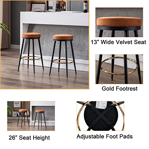 Dm Furniture 26" Counter Height Barstools Set Of 2 Suede Counter Stool Backless Modern Bar Chair With Black Legs/Gold Footrest For Kitchen Island/Cafe/Breakfast Bar, Orange #TOP6