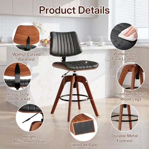 Image of Counter Height Bar Stools Set of 2, Adjustable Swivel Kitchen Island Stools | Mid Century Modern Counter Stools, Swivel Barstools with Back, Faux Leather Upholstered Bar Chair