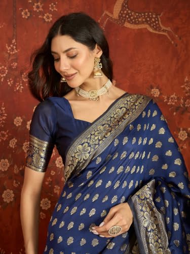 Image of Elegant Banarasi Silk Blend Saree with Gold Zari Woven Floral Border