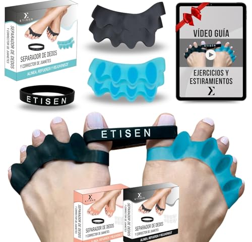 ETISEN, Separadores de Dedos de los Pies, (2 pares = 2 niveles) + Banda Anti-Juanetes, separador dedos pie, espaciador de dedos, corrector de dedos, restaurar los pies, 0% BPA, (Negro y Azul)