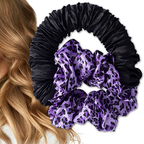ANCIRS Heatless Overnight Curls Curling Headband for Girls, Sleepytime Ponytail Hair Curler for Long Hair, Nighttime Lazy Scrunchie Hair Rollers Hairdresser for Women- Leopard Purple & Black
