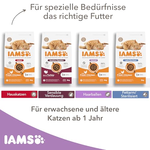 IAMS Anti-Haarballen Katzenfutter trocken mit Huhn - Trockenfutter für Katzen ab 1 Jahr, 3 kg