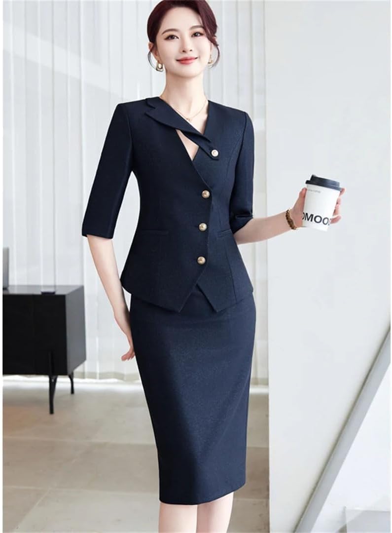 Women's Spring and Summer Solid Single-Breasted Half-Sleeved Slim Suit Jacket and Skirt Two-Piece Set