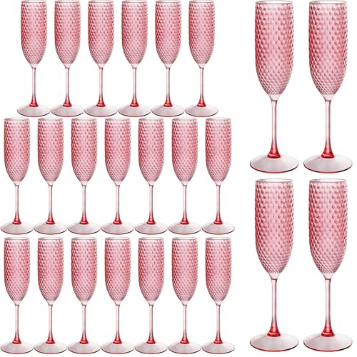 LEYIQU Plastic Champagne Flutes 7oz Unbreakable Champagne Glasses Bulk Reusable Crystal Vintage Drinking Wine Glasses for Wedding Party Bridal Shower (24 Pink)
