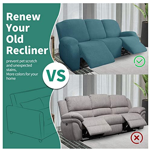Image of YEMYHOM 8 Pieces Stretch Recliner Sofa Cover Jacquard Reclining Couch Cover with Side Pocket Anti-Slip Fitted 3 Cushion Furniture Slipcovers with Elastic Bottom (Recliner Sofa, Peacock Blue)