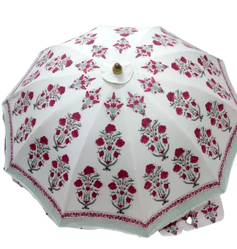 Arprani Sombrilla de jardín india para exteriores, hecha a mano, de algodón, para patio, colorido paraguas decorativo Rajasthani para césped, terraza y patio trasero, Flor rosa y verde, 177-W x 228-H
