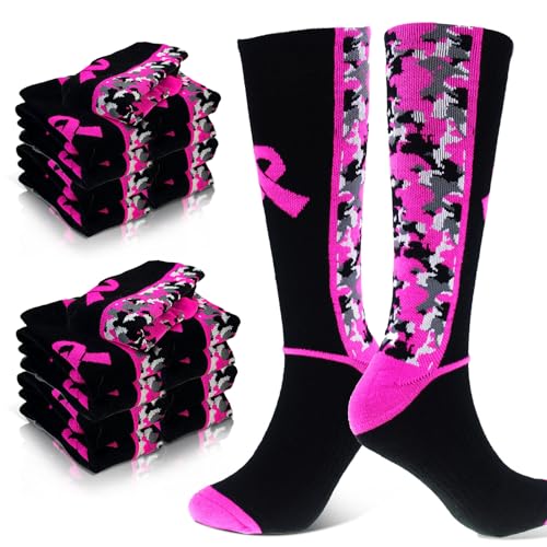 24 Pairs Breast Cancer Awareness Socks Bulk, Super Thick Pink Ribbon Football Socks for Events, Public Charity