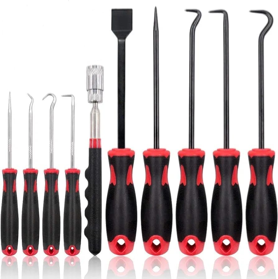 9Pcs Long Hook Set with Magnetic Telescoping Tool Kit, Precision Scraper Gasket Scraping Hose Removal Puller Hook Perfect for Automotive and Electronic Tools