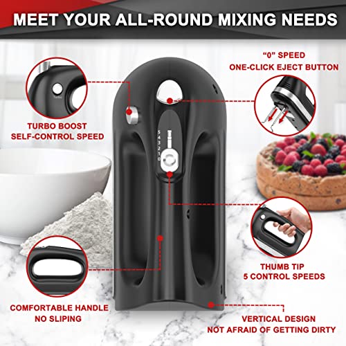 Image of Lord Eagle Hand Mixer Electric Handheld 400W, 5-Speed Lightweight Kitchen Mixer with Storage Case, 5 Stainless Steel Attachments for Baking Cake Egg Cream Food Beater, Turbo+Eject Button, Black