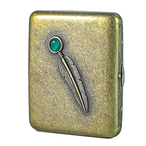 Vintage Metal Case – Retro Holder Case with Exquisite Carved Feather and Emerald Gemstone Embellishments – Minimalist Storage Case for Women Men, Holds 14 to 20, up to 84mm, Bronze, Feather