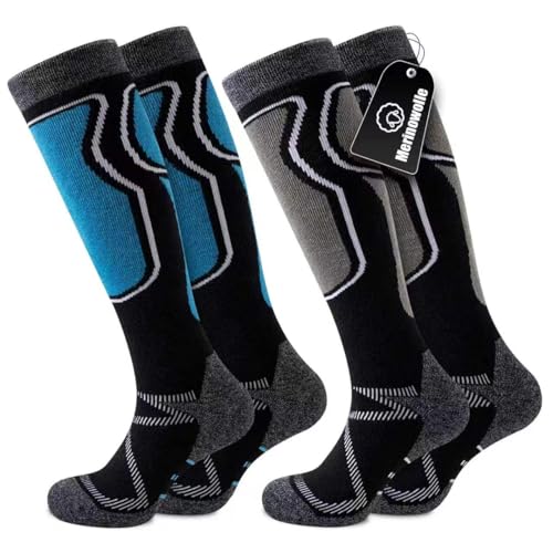 Effeet 2 Paar Skisocken aus Merinowolle für Herren Damen, Warme Gepolsterte Thermosocken Weich Winterstrümpfe, Kniestrümpfe mit Polsterung für Snowboarden Skifahren Jagen Wandern Blau & Schwarz 43-46