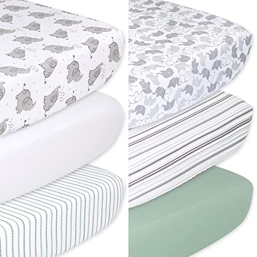 Image of The Peanutshell Elephant and Stripes Fitted Crib Sheets | Unisex 6-Pack | Grey, Green, White