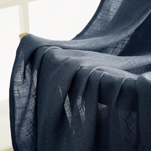 MIULEE Navy Blue Linen Curtains 90 Inch Length 2 Panels for Bedroom Living Room, Soft Thick Linen Textured Natural Window Drapes Semi Sheer Light Filtering Back Tab Rod Pocket Burlap Look Decor