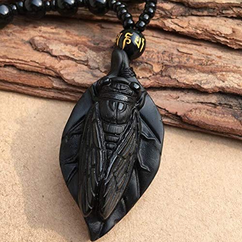 EASTCODE 45x23mm Beautiful Handwork Natural Black Obsidian Carved Cute Leaf Cicada Lucky Amulet Pendant + Beads Necklace Fashion Jewelry