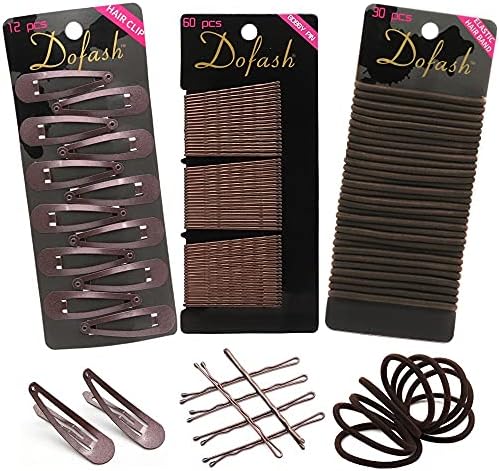 Dofash 3Cards Large Combination Package Women's Hair Styling Set - Bobby Pins 60pcs+Hyper Elastics Ties 30pcs+Snap Hair Clips 12pcs（Brown）