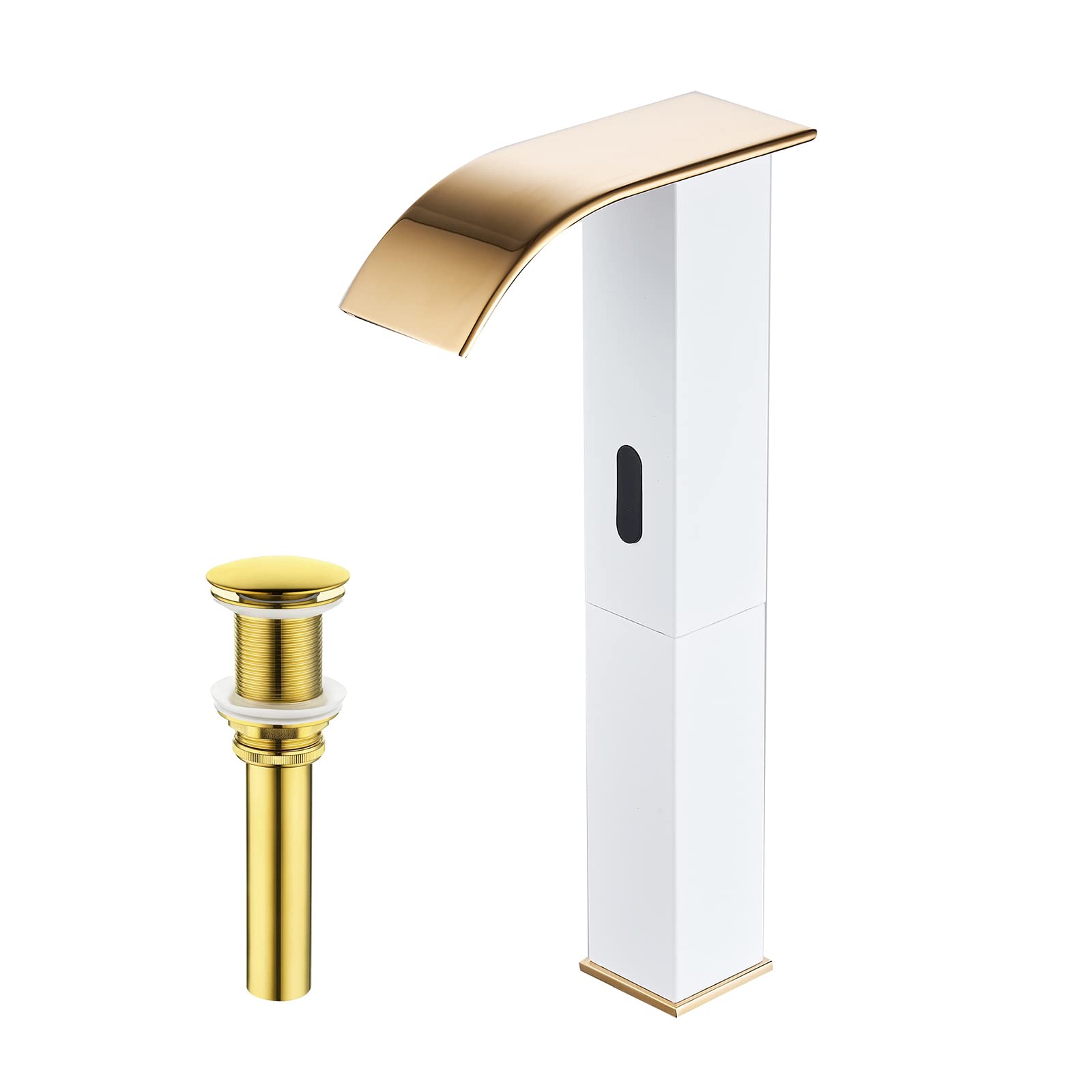 Nfusrxmbk White/Gold Touchless Bathroom Vessel Faucet Electronic Sensor Automatic Waterfall Vessel Vanity Sink Pop Up Drain Stopper Without Overflow Luxury