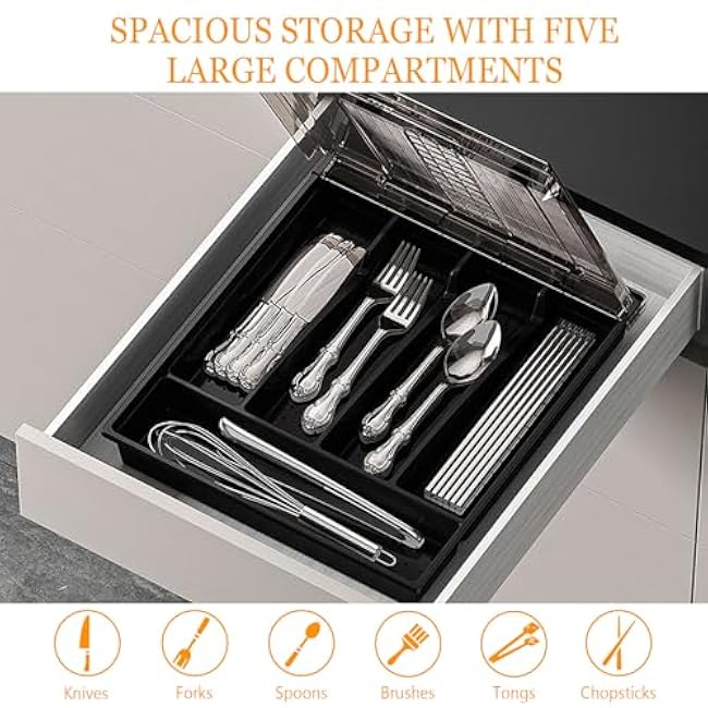 COVRA Covered Silverware Organizer for Kitchen Drawer and Countertop, 5-Compartment Cutlery Storage Box for Spoons, Forks, Knives (Black)