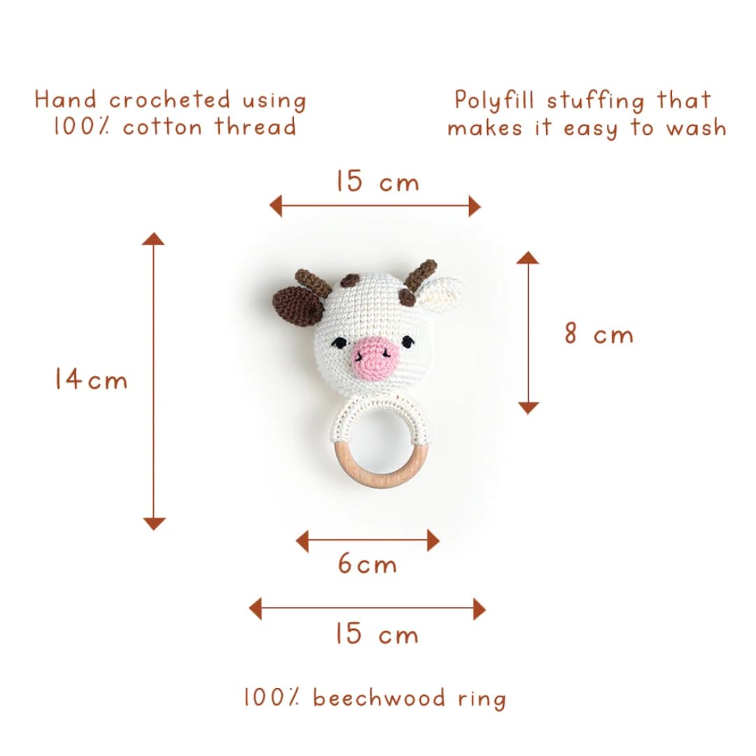 Gubbachhi Crochet & Wooden Rattle for Babies 0-6 Months | Handmade in India | Baby Rattle for Newborn Gifting | Helps Develop Motor & Sensory Skills | 100% Natural Cotton & Wood (AMBA Cow) 4