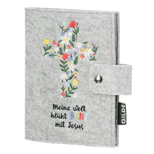 CULT at home Gotteslob Hülle Kommunion Geschenke für Mädchen Gebetbuchhülle Filz Grau Erstkommunion Geschenke Jungen - 18 5 x 16 cm Stickerei Spruch Meine Welt blüht bunt