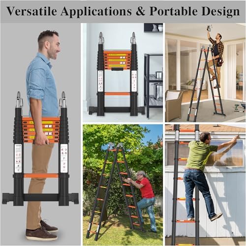 Image of Telescoping Ladder A Frame 16.5Ft with Stabilizer Bar, Black+Orange | 330 LBS Capacity, Aluminum, Collapsible Extension Ladder with Non-Slip Feet for House, Roof, RV & Travel Trailer