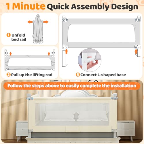 Bed Guard Rail for Toddlers - 74.8" Quick Assembly & Double Side Lift with Safety Child Lock - Adjustable Height Baby Bed Rails for Queen Full King Twin Crib Bunk Size Bed(Beige, 1 Pack)