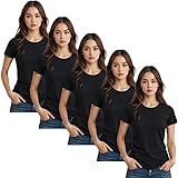 True Face Womens Plain T Shirts Crew Neck Fitted Short Sleeve Tee Top for Ladies Soft Cotton Stretch Summer Shirt for Casual Daily Wear, Layering, Travel or Outdoor Style Black - 5 Pack S