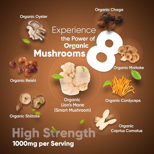 Organic-Mushroom-Complex-8-180-capsules-1000mg-Lions-Mane-7-Mushroom-Blends-Reishi-Chaga-Cordyceps-Shiitake-Oyster-Maitake-Coprinus-Added-Turmeric-Ginger-Vegan-Non-GMO