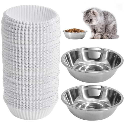 Disposable Cat Food Bowls Set Pets Feeding Bowls Includes 300PCS Cats Food Small Paper Bowl & 2PCS Stainless Steel Bowl Cat Plates Feedings Dish Liner Bulk for Wet Foods Cats Dogs Feeding Station