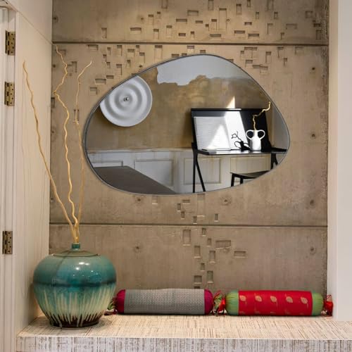 Espelho Orgânico Grande 60x80cm de Parede Lavabo Banheiro Sala Quarto Acabamento em Couro Ecológico 3cm Modelo Pinterest Nuvem Preto)