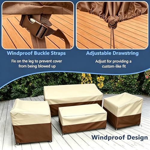 Image of STARTWO Outdoor Furniture Cover Waterproof, 600D Heavy Duty, 4 Piece Patio Furniture Set Cover for Outside Couch, Lawn Chairs, Coffee Table, Windproof with Buckle Strap, Beige