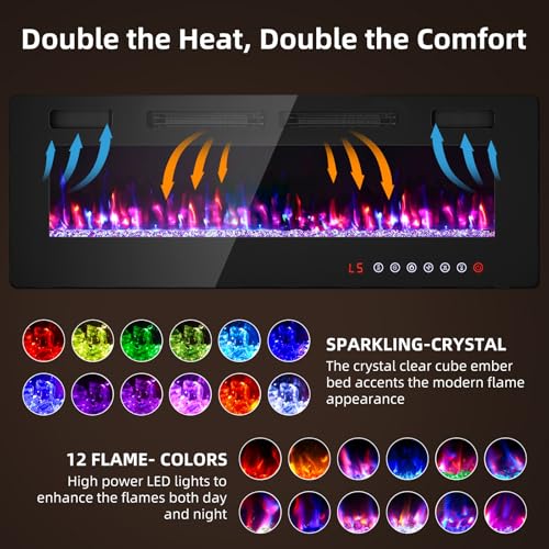 Image of Zionheat 50 inch Ultra Thin Electric Fireplace-Wall Fireplace for Living Room-Fireplace Freestanding /Inserts /Wall Mounted with Remote Control, Timer, Dimmer, 12 Flame Colors, 750 /1500W
